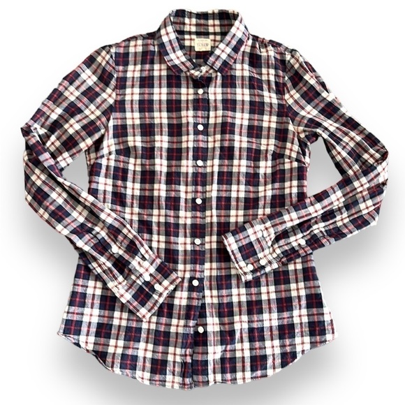 J Crew The Perfect Shirt plaid gingham chambray long sleeve button up top blouse - Picture 1 of 7